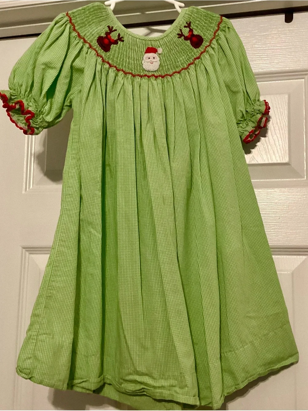 Girls Santa Smocked Green Dress - 7